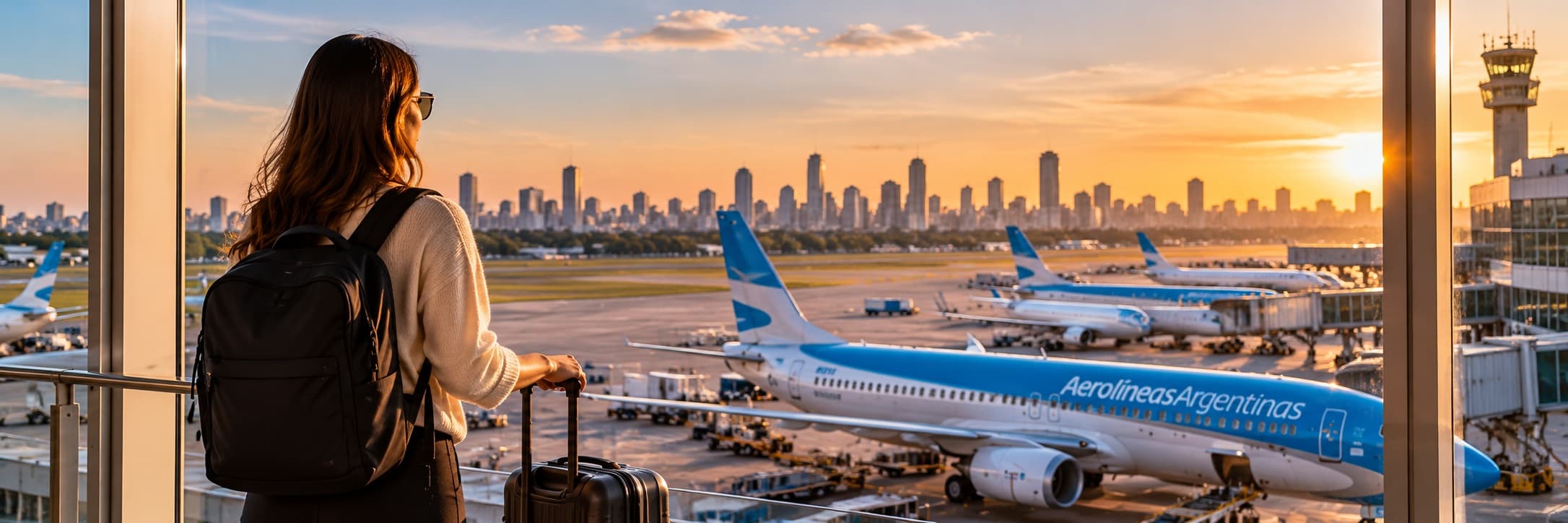 Viajera con valija en un aeropuerto de Buenos Aires, observando aviones de Aerolíneas Argentinas durante una escala aérea.