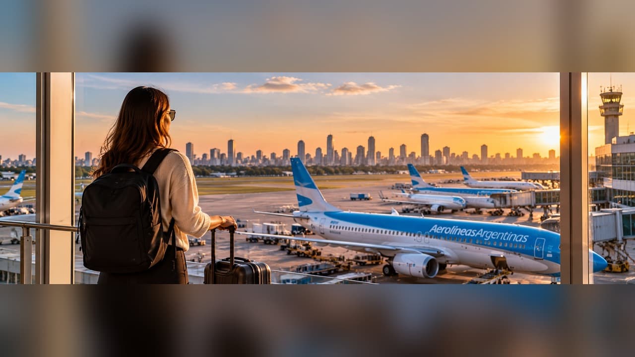 Viajera en el aeropuerto de Buenos Aires durante una escala, con aviones de Aerolíneas Argentinas de fondo.