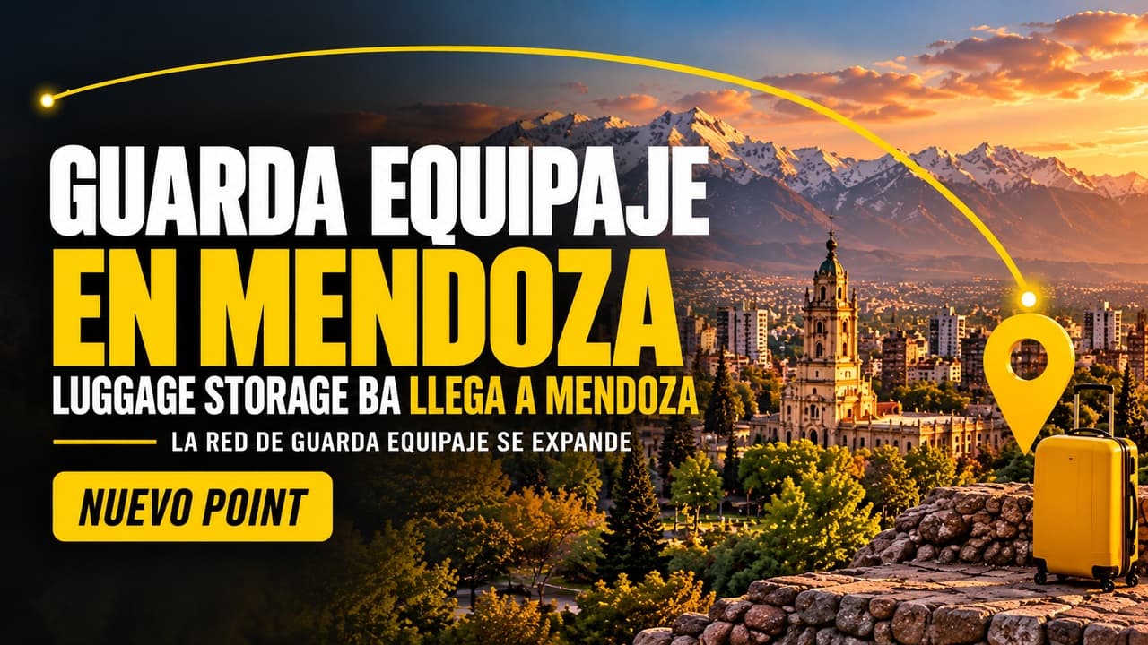 Guarda equipaje en Mendoza con Luggage Storage BA. Imagen panorámica de la ciudad y la Cordillera de los Andes al atardecer, con una valija amarilla y el anuncio del nuevo Point.