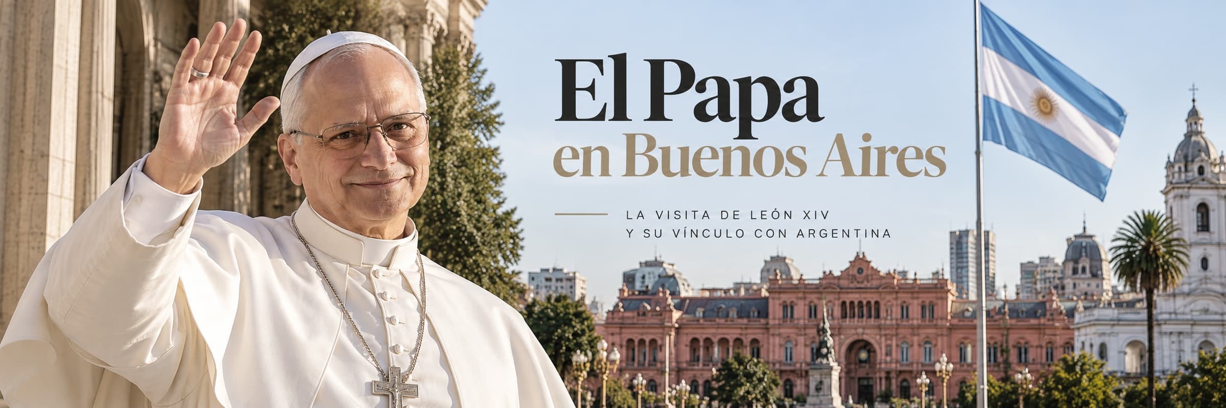 Ilustración del papa León XIV saludando, con la Casa Rosada y la bandera argentina de fondo, para el artículo sobre su visita a Buenos Aires.