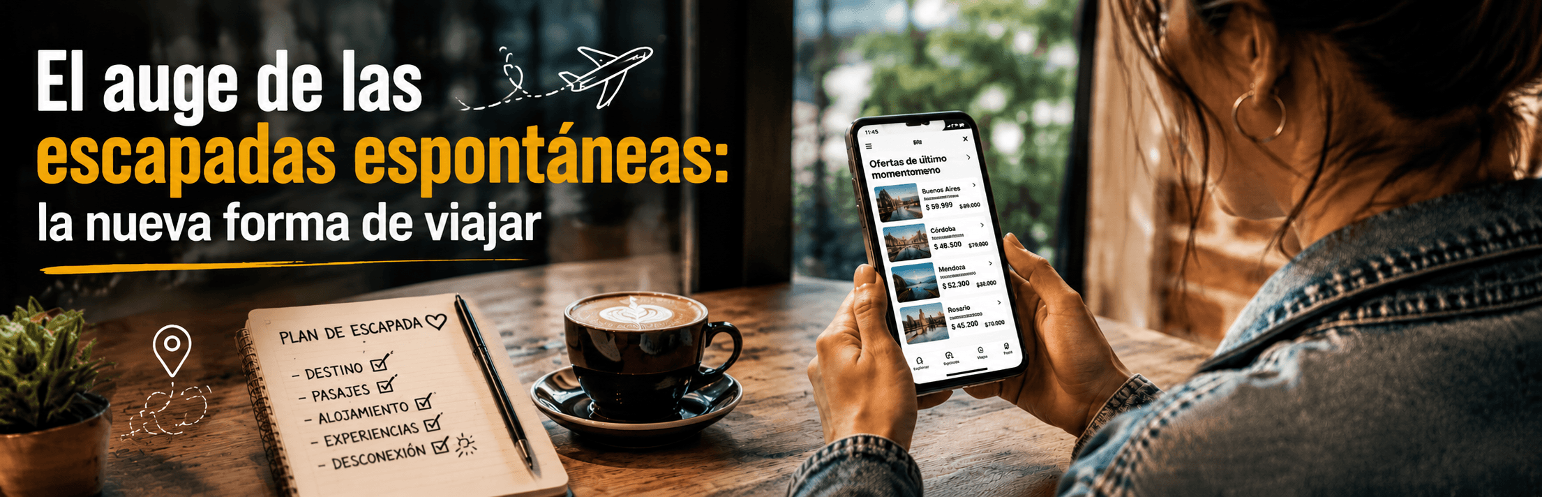 Persona buscando ofertas de viaje desde su celular en una cafetería para organizar una escapada espontánea.