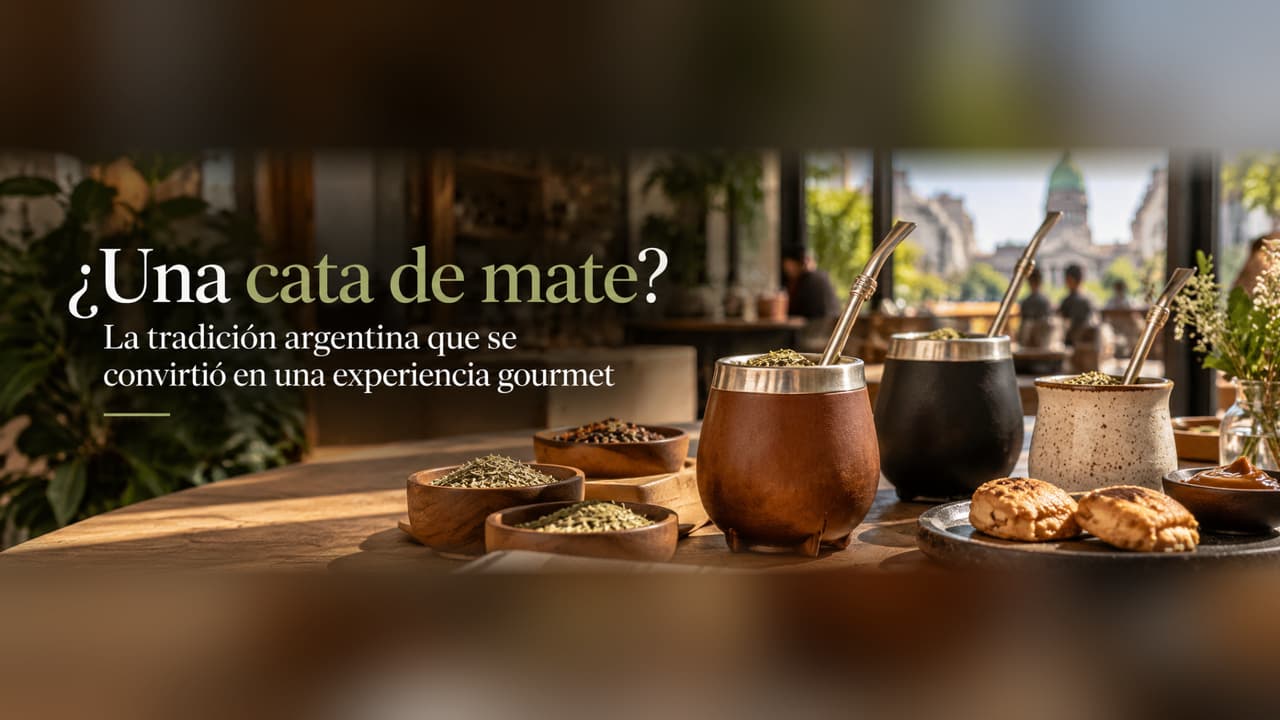 Cata de mate en Buenos Aires con diferentes variedades de yerba mate, bombillas y pastelería argentina en un ambiente gourmet.