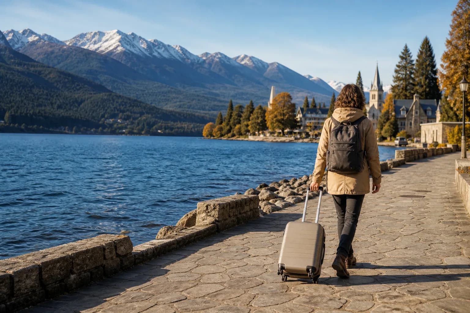 Traveler walking with a suitcase beside Nahuel Huapi Lake in Bariloche
