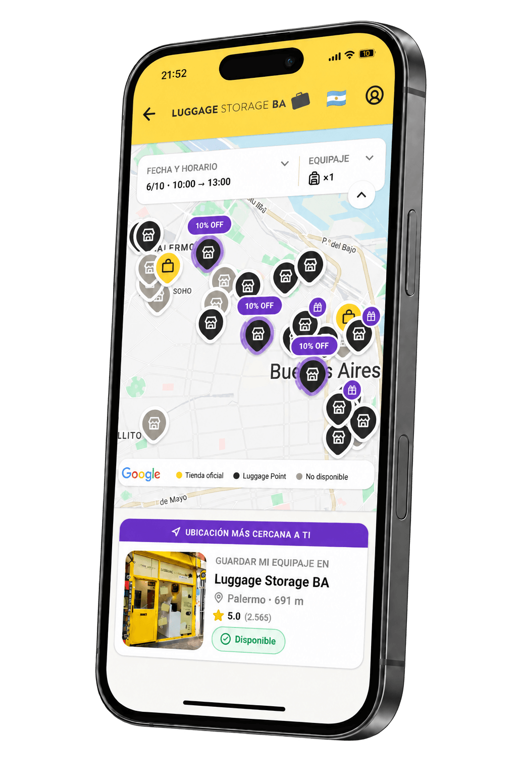 Aplicación de Luggage Storage BA mostrando Points disponibles en Buenos Aires