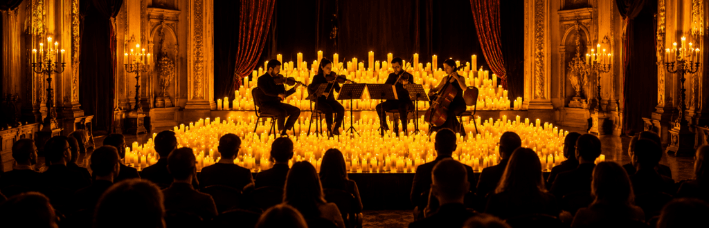 Cuarteto de cuerdas interpretando musica en vivo rodeado de miles de velas durante un concierto Candlelight en Buenos Aires