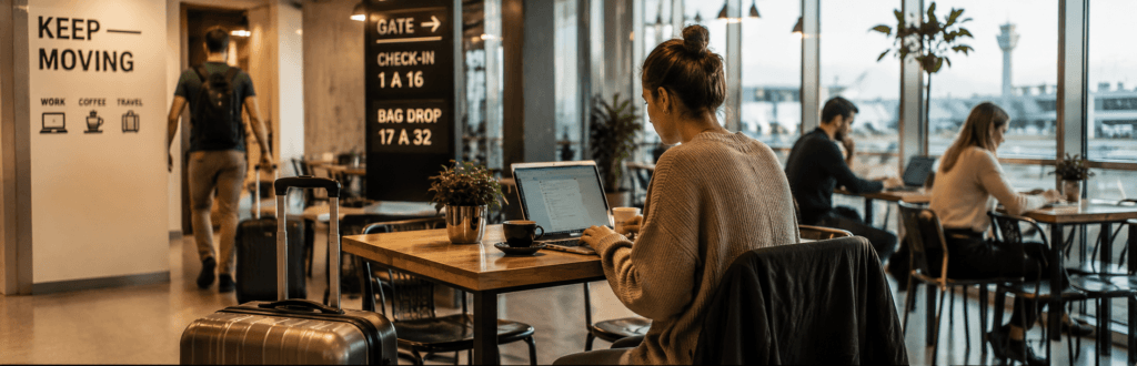 Nomada digital trabajando en un cafe cerca del aeropuerto con notebook cafe y valija de viaje en Buenos Aires