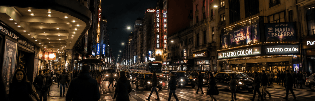 Avenida Corrientes de noche durante el invierno porteno