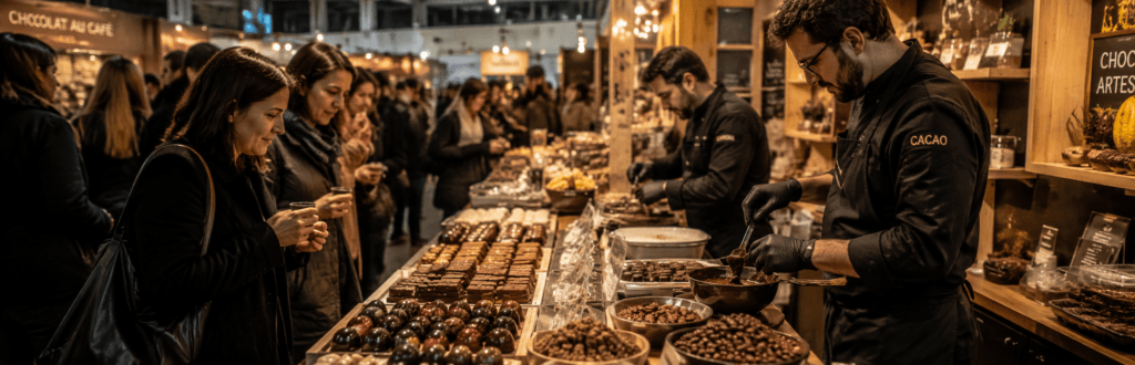 Visitantes recorriendo stands de chocolate artesanal y degustaciones en La Chocolaterie 2026 en Buenos Aires
