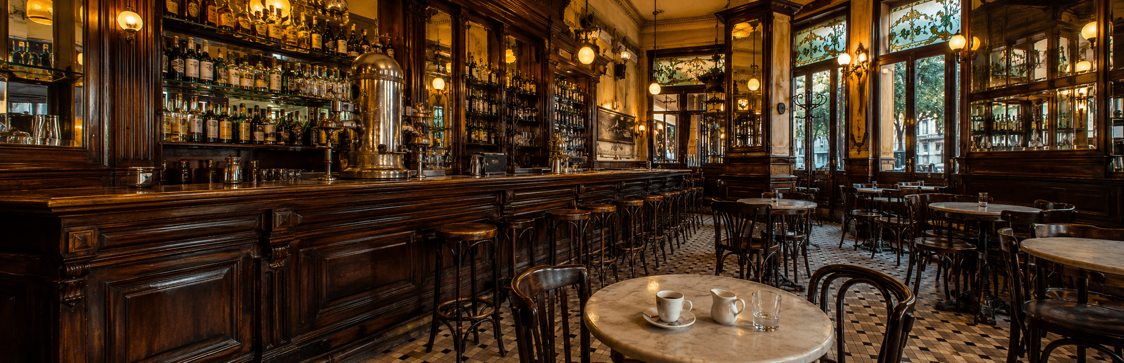 Interior de un bar histórico porteño con barra de madera, cafetera antigua y mesas de mármol.