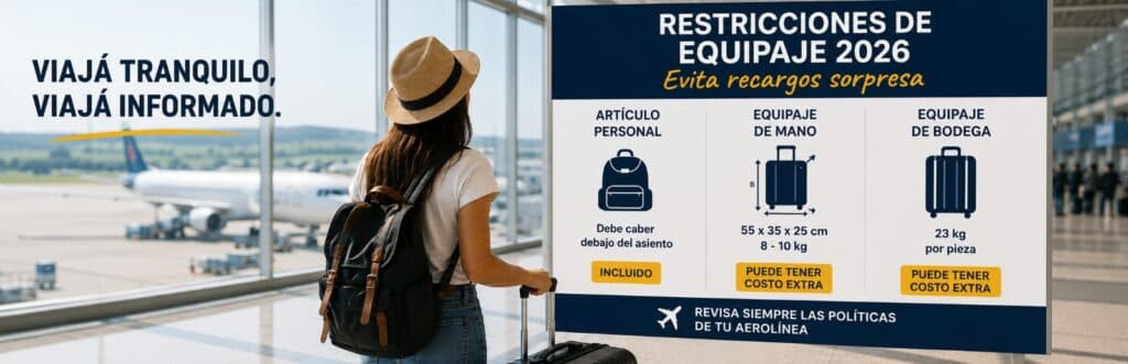 Turista en aeropuerto revisando equipaje de mano y carry on en 2026 1