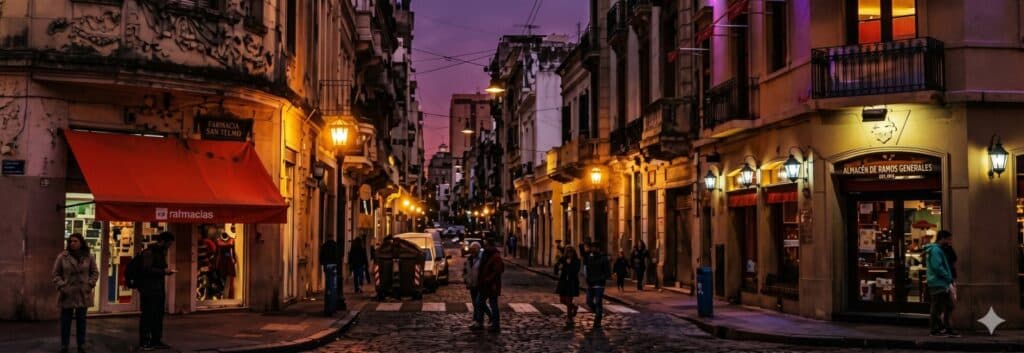 San Telmo de noche con calles iluminadas y bares tradicionales en Buenos Aires