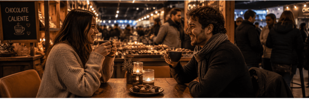 Pareja disfrutando chocolate caliente en una feria
