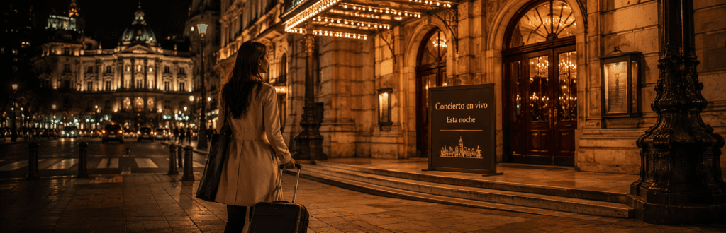 Turista con valija recorriendo Buenos Aires de noche antes de asistir a un concierto en un teatro histórico