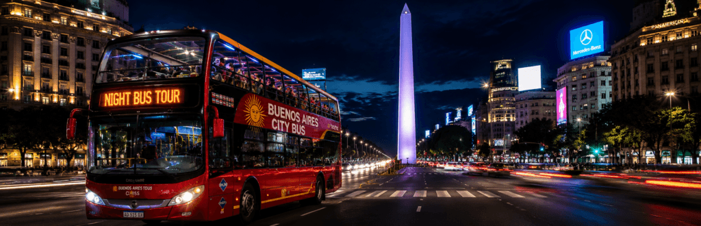Night Bus Tour Buenos Aires frente al Obelisco iluminado