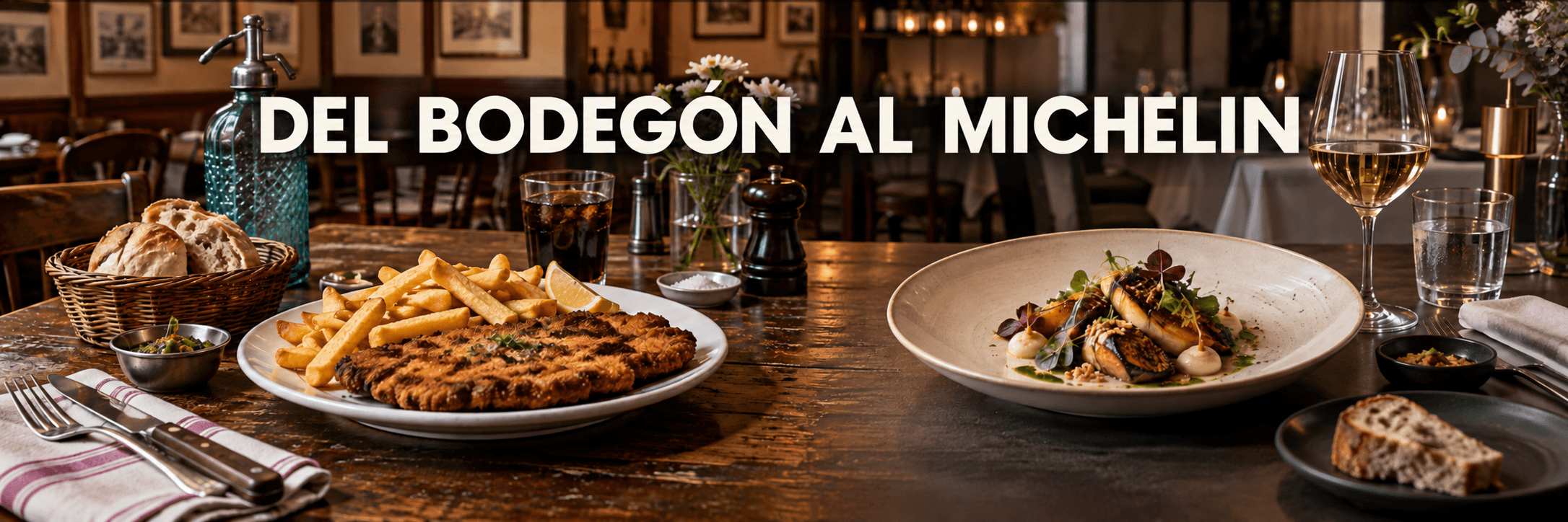 Milanesa con papas fritas junto a un plato de alta cocina porteña