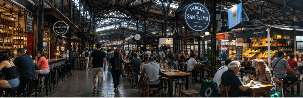 Mercado de San Telmo con puestos gastronómicos y ambiente tradicional porteño