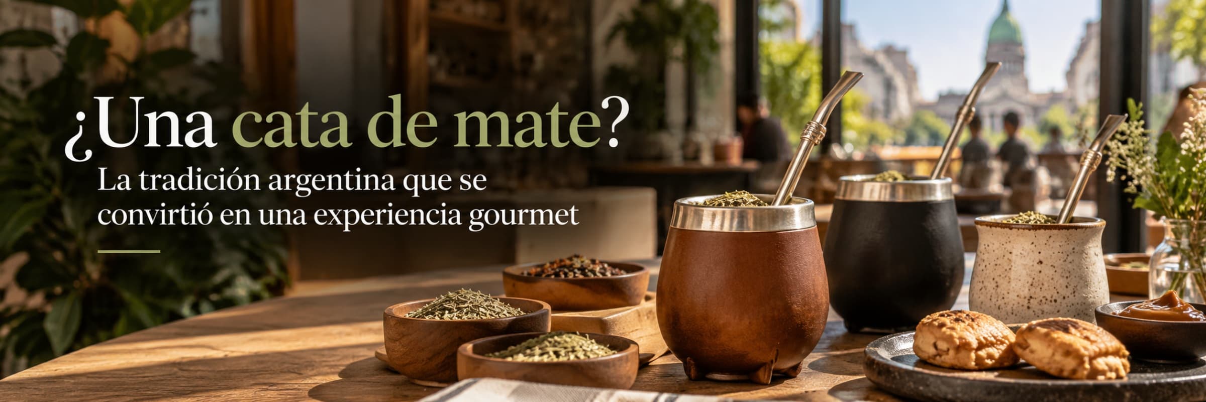 Cata de mate en Buenos Aires con diferentes variedades de yerba, mates tradicionales y pastelería argentina en un ambiente gastronómico moderno.