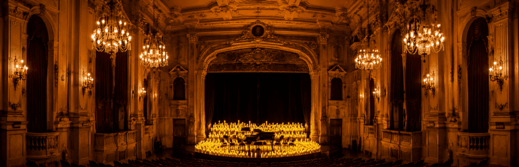 Interior de teatro historico iluminado con velas durante un concierto Candlelight en Buenos Aires