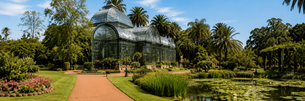 Vista panorámica del Jardín Botánico de Buenos Aires con su histórico invernadero rodeado de vegetación, senderos y palmeras en el barrio de Palermo.
