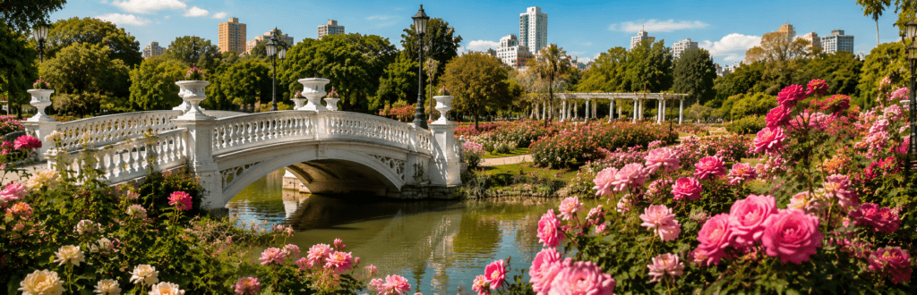 Puente y rosas en el Rosedal de Palermo uno de los paseos más famosos de Buenos Aires