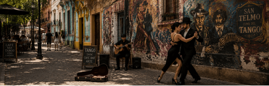 Imagen panorámica de Plaza Dorrego en San Telmo con calles empedradas, cafés al aire libre, puestos de antigüedades y una pareja bailando tango