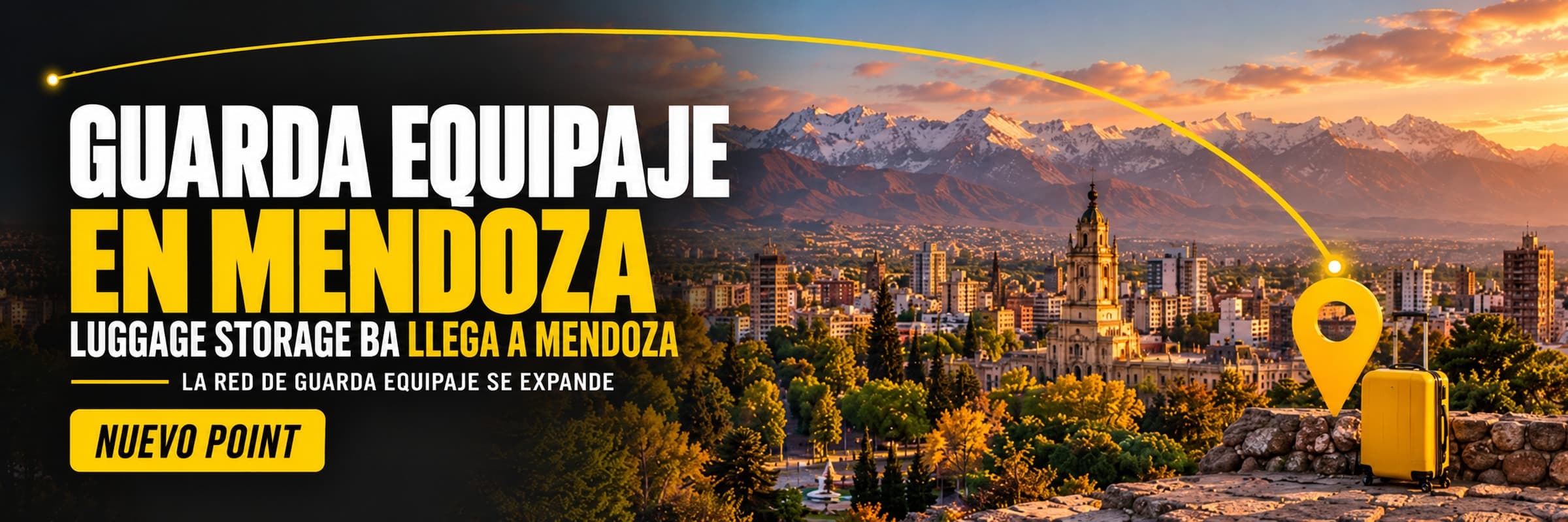 Portada del artículo sobre guarda equipaje en Mendoza, con vista panorámica de la ciudad y la Cordillera de los Andes al atardecer, texto “Guarda equipaje en Mendoza” y gráfica de Luggage Storage BA.