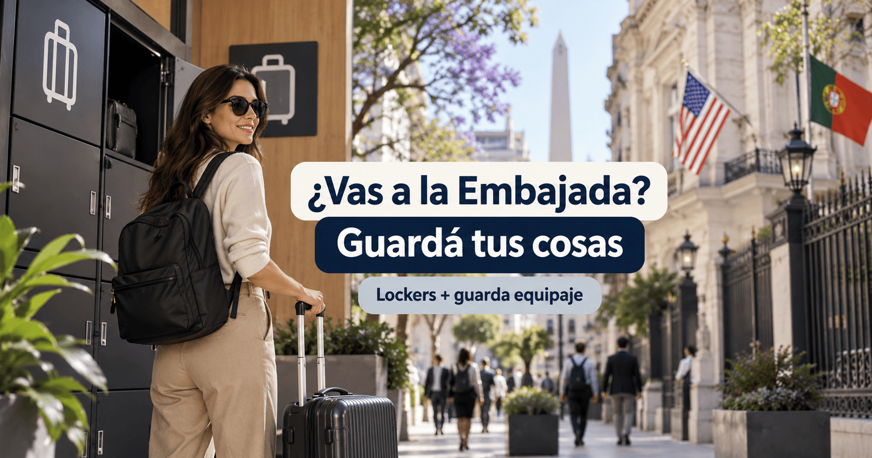 Viajera con mochila y valija junto a lockers para guardar pertenencias antes de una cita en la embajada