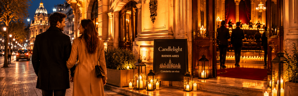 Pareja caminando hacia un concierto Candlelight en Buenos Aires durante una noche iluminada por faroles y arquitectura histórica