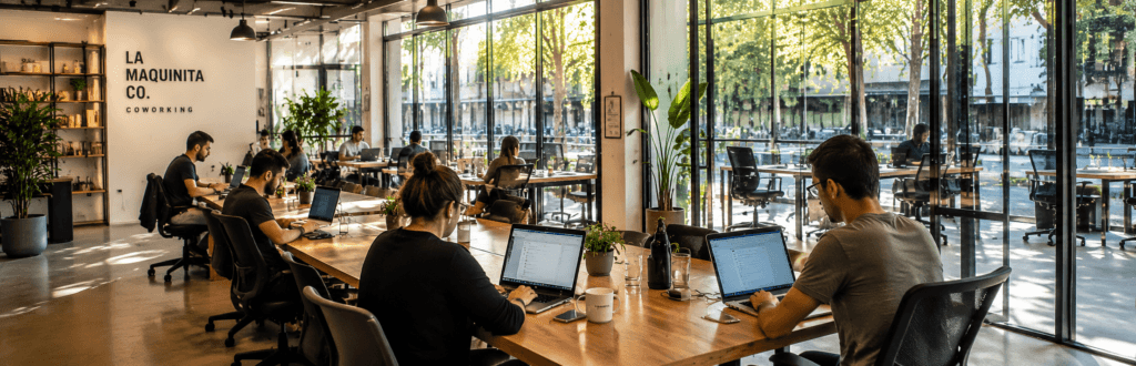 Coworking moderno en Buenos Aires con nomadas digitales trabajando remoto frente a notebooks y ventanales amplios