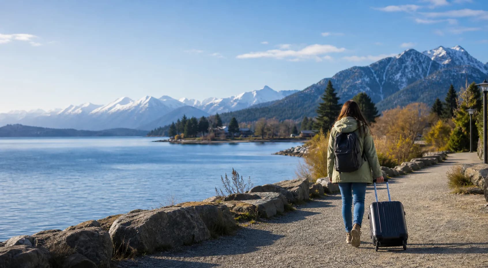 Viajera caminando con una valija junto al lago Nahuel Huapi y las montañas de Bariloche