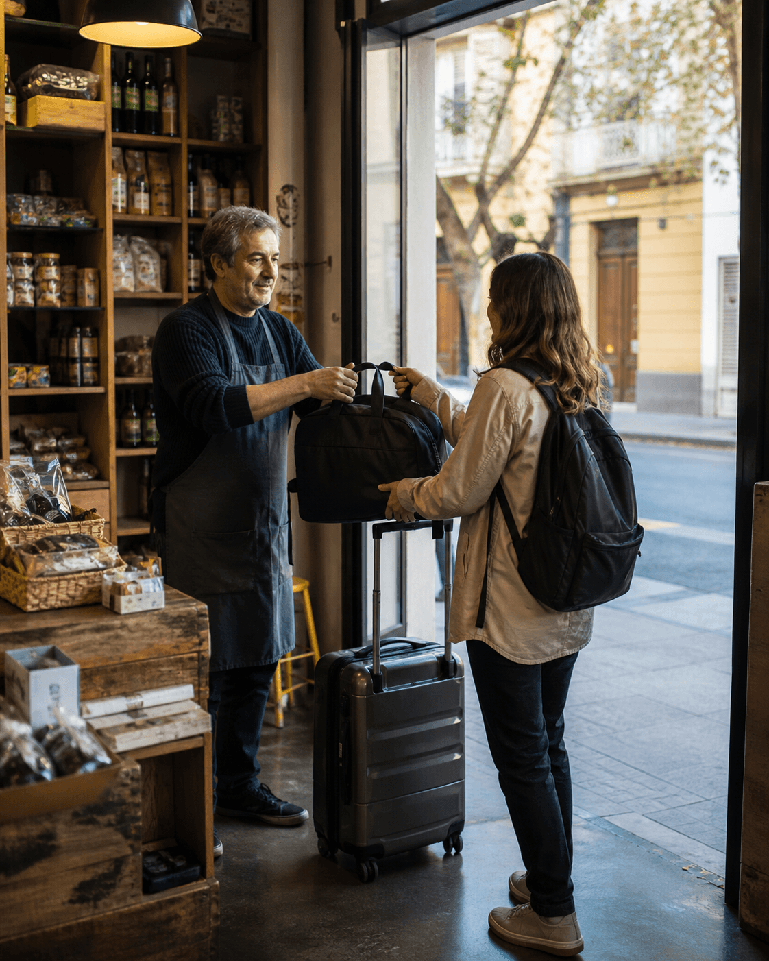 Comerciante recibiendo el equipaje de una viajera en su local